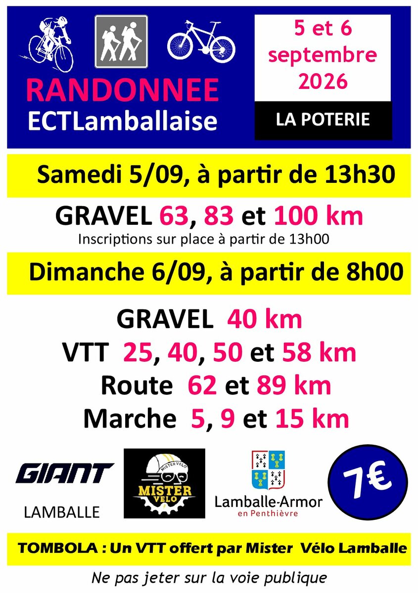 Samedi 05 et 06 Dimanche 6 Septembre 2026 - Randonnée Lamballe