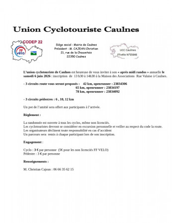 Samedi 06 juin 2026 - Randonnée de CAULNES "Les après-midi randos"