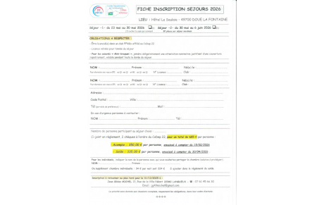 Fiche inscription séjour CODEP 22 mai / juin 2026